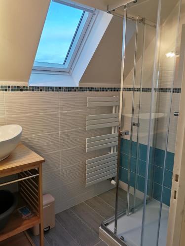 La salle de bains est pourvue d'une douche et d'une lucarne. dans l'établissement T3-Vue sur ocean - Pieds dans l'eau-Terasse-jardin-Parking gratuit, à Batz-sur-Mer