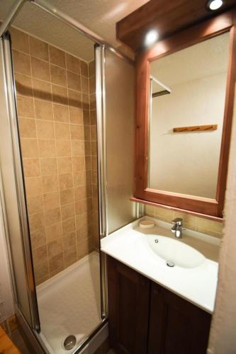 une salle de bain avec un lavabo et une douche avec un miroir dans l'établissement Résidence Le Belvedere - 2 Pièces 5 pers - LE BELVEDERE - PLAGNE VILLAGES MAE-1714, à Aime La Plagne