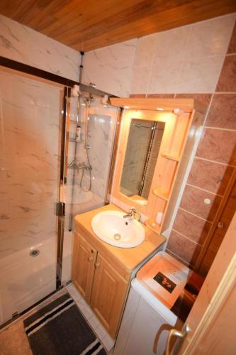 une petite salle de bain avec un lavabo et une douche dans l'établissement Résidence Le Jannu - 2 Pièces 5 pers - LE JANNU - PLAGNE CENTRE MAE-8974, à Aime La Plagne