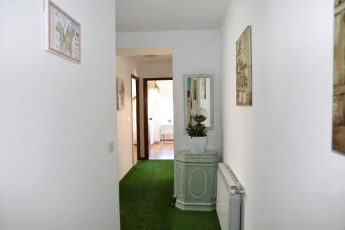 a hallway with a green floor and a mirror at Casa familiar cerca de playa América in Nigrán
