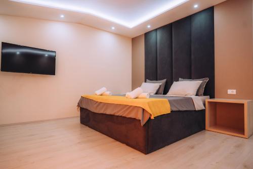 a bedroom with a bed and a flat screen tv at Tim Apartmani in Ohrid