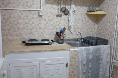 突尼斯Belle maison dans la Médina的带炉灶和水槽的厨房柜台