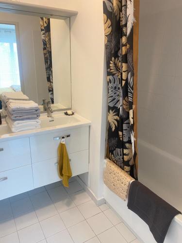 une salle de bain avec un lavabo et un rideau de douche dans l'établissement Le petit nid de Disney3min, Rer1min, Paris35min, à Chessy