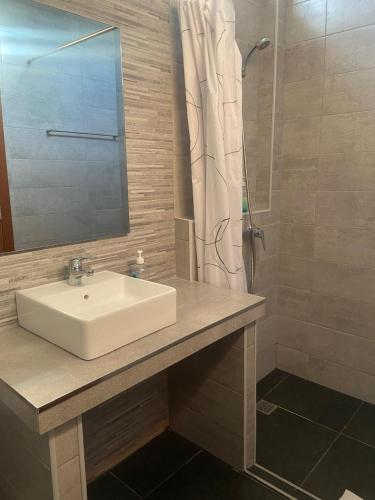 a bathroom with a sink and a shower at RM newhost 2015 / CasaDoChico in Portalegre
