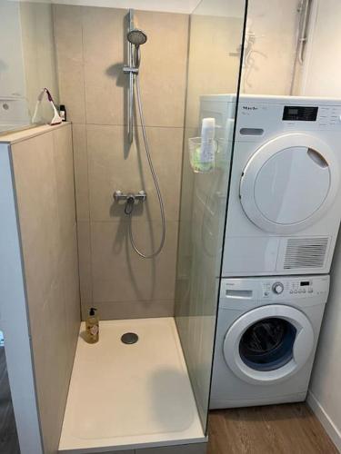 La salle de bains est pourvue d'une douche et d'un lave-linge. dans l'établissement Paris style park view 5 bedrooms familly subway 6, à Paris