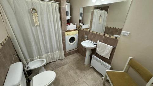 a bathroom with a toilet sink and a washing machine at Casa Piedra Roja in Villa Unión