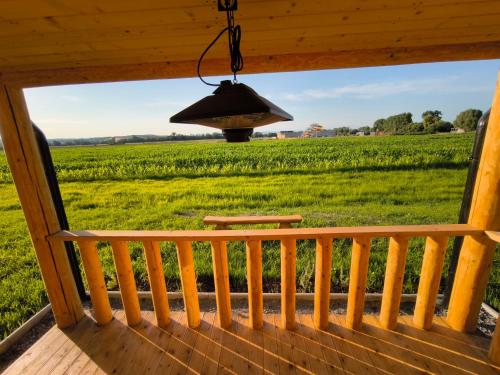 a view of a field from a porch with a chandelier at Drevenice Rapovce Novolandia in Rapovce