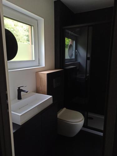 a bathroom with a sink and a toilet and a window at Dom w lesie in Przytuły