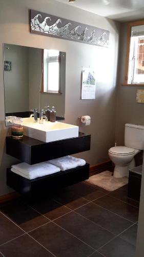 a bathroom with a sink and a toilet and a mirror at Adventure B&B in Takaka
