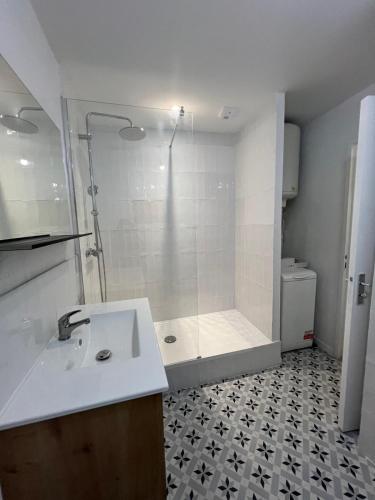 une salle de bain avec une douche, un lavabo et des toilettes dans l'établissement Lumineux T3 refait à neuf dans le Vieux Toulon Centre, à Toulon