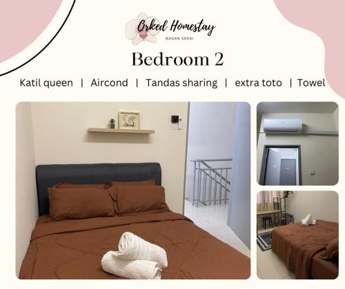 a collage of three pictures of a bedroom with a bed at Orked Homestay Bagan Serai in Bagan Serai