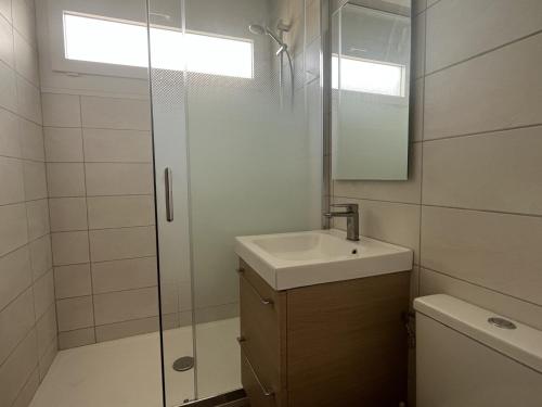 une salle de bain avec un lavabo et une douche dans l'établissement T2 au Barcarès avec terrasse et parking, proche commerces - FR-1-799-12, au Barcarès