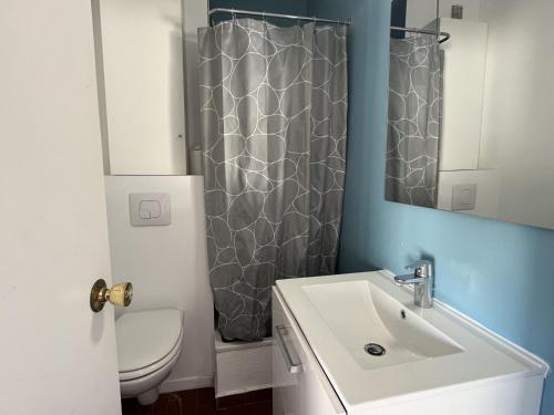 une salle de bain avec un lavabo, des toilettes et un miroir dans l'établissement Studio Alcôve 3/4P, Grande Terrasse, Proche Plage - Parking Privé, Quartier Animé - Le Barcarès - FR-1-799-13, au Barcarès