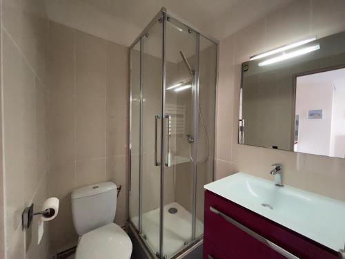une salle de bain avec une douche, des toilettes et un lavabo dans l'établissement T2 au Barcarès - Accès direct plage, proche port, parking sécurisé - FR-1-799-19, au Barcarès