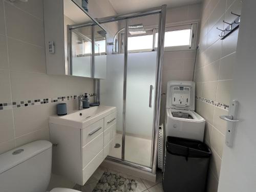 une salle de bain avec toilettes, lavabo et douche dans l'établissement Studio lumineux face mer avec terrasse et parking, proche port et commerces, 4P - FR-1-799-31, au Barcarès