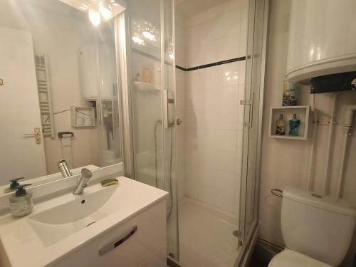 une salle de bain avec une douche, un lavabo et des toilettes dans l'établissement Le Barcarès : T2 tout confort avec parking privé, animaux admis - FR-1-799-44, au Barcarès