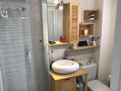 une salle de bain avec un lavabo, une douche et des toilettes dans l'établissement Studio confortable 3P avec piscines et parking public - Le Barcarès - FR-1-799-22, au Barcarès