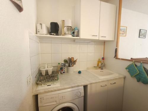 une petite cuisine avec une machine à laver et un évier dans l'établissement Studio à Le Barcarès avec Piscine – 4 Pers, Animaux OK, Parking - FR-1-799-40, au Barcarès
