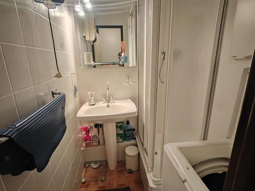 une petite salle de bain avec un lavabo et un miroir dans l'établissement Saint Cyprien T2 proche plage avec piscine et parking - FR-1-732-80, à Saint-Cyprien