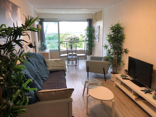 un salon avec un canapé et quelques plantes dans l'établissement Charmant T2 avec parking et accès plage à Sète - FR-1-472-204, à Sète