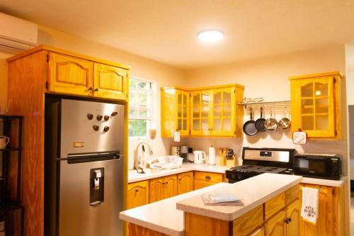 a kitchen with wooden cabinets and a stainless steel refrigerator at GAIA Barbados! 2bedroom Home 5min walk to the beach in Bridgetown