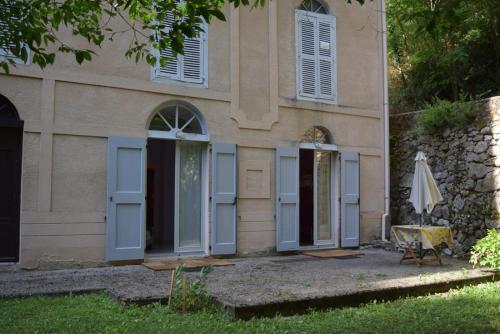 un bâtiment avec des portes bleues et un parapluie dans l'établissement Appartement de plain pied , jardin et grande terrasse, à Ussat