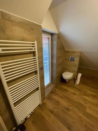 a small bathroom with a toilet and a window at Francis Apartment II - Spa Center Karlovy Vary in Karlovy Vary