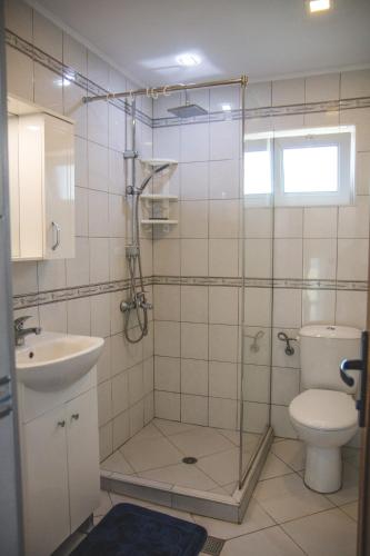 a bathroom with a shower with a toilet and a sink at Kristi Houses in Krapets