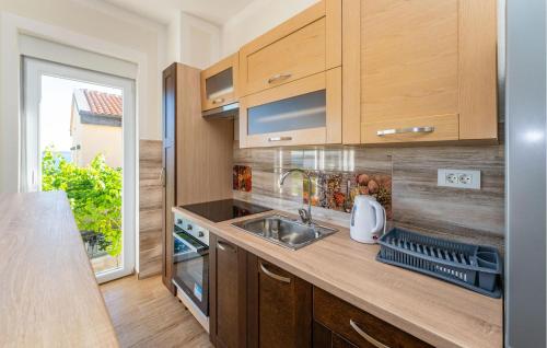a kitchen with wooden cabinets and a sink and a window at Stunning Apartment In Rtina With Wifi in Rtina