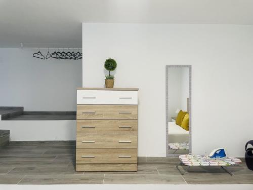 eine Kommode mit einer Topfpflanze darauf in der Unterkunft Casa Paraiso en Frigiliana in Frigiliana