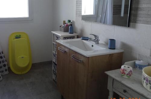 ein Badezimmer mit einem Waschbecken und einem gelben Mülleimer in der Unterkunft Maison proche de Royan à Meschers sur Gironde 2 chambres in Meschers-sur-Gironde