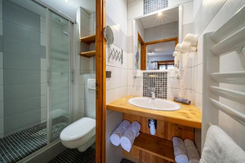 a bathroom with a sink and a toilet and a shower at Auberge des Montauds - Hôtel & Restaurant in Villard-de-Lans