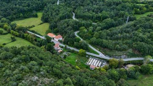 an aerial view of a house in the middle of a forest at Venta de Arrieta in Saragüeta