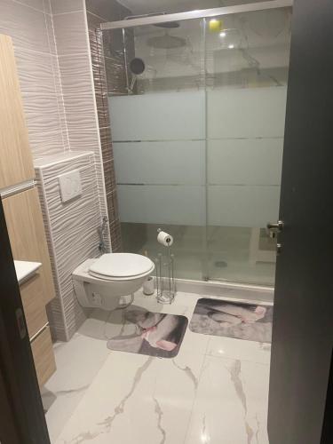 une salle de bain avec toilettes et douche en verre dans l'établissement Maison avec 6 Chambres et 4SDB à 15min de Disney, à Jossigny