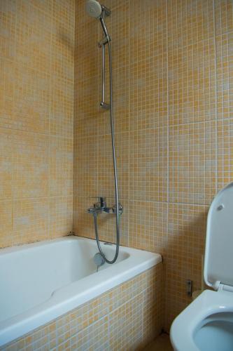 eine Dusche im Bad mit Badewanne und WC in der Unterkunft PATH Latchi Beachfront Apartments in Lachi