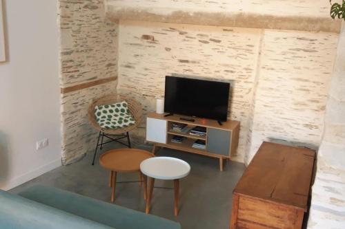 a living room with a television and a chair at Entre Loire et Vignes in Juigné-sur-Loire