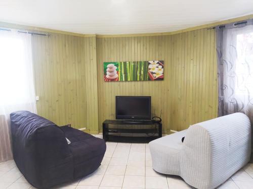 un salon avec un canapé et une télévision dans l'établissement Studio Cosy au Calme, RER-2arrêts Stade-25minParis, à Stains