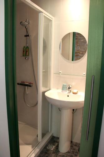 une salle de bain avec un lavabo et une douche avec un miroir dans l'établissement La Min-sú de Terrasson, à Terrasson