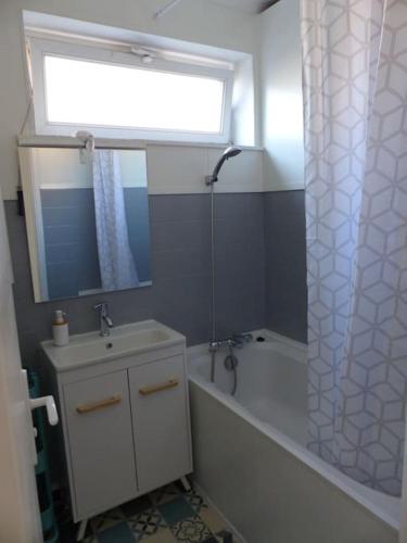 une salle de bain avec une baignoire, un lavabo et une douche dans l'établissement Appartement pour 6 personnes proche métro eurotéléport, à Roubaix