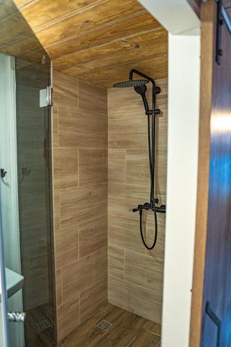 a shower with a shower head in a bathroom at Strazdu Māja in Jūrmala