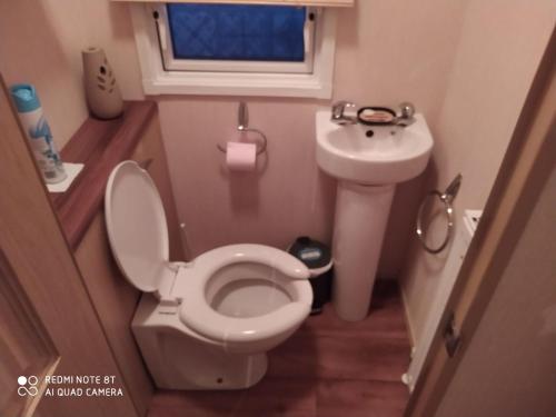 une petite salle de bain avec toilettes et lavabo dans l'établissement Mobil-home anglais 3 chambres, à Pont-Aven