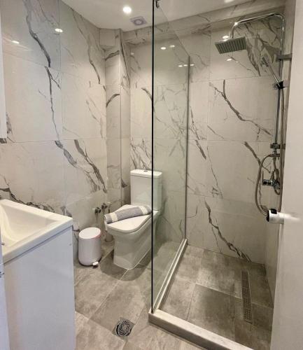 a bathroom with a shower and a toilet at Kantaros Apartments in Ipsos