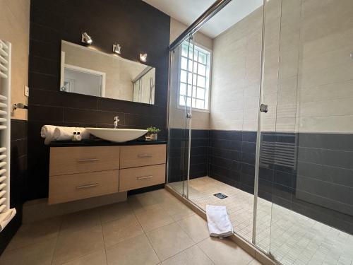 une salle de bain avec un lavabo et une douche en verre dans l'établissement Charmant 2P Cannes PEL1900, à Cannes