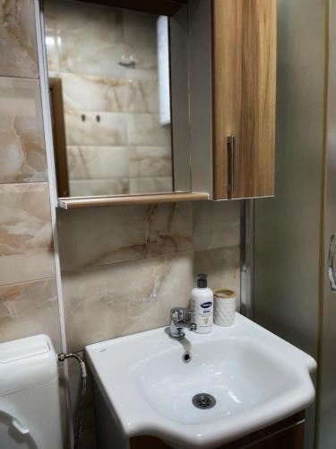 a bathroom with a sink and a mirror and a toilet at Marco Apartment in Kumanovo