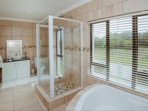 a bathroom with a shower and a toilet and a window at The Villa @ Balugha River Estate in Glengariff