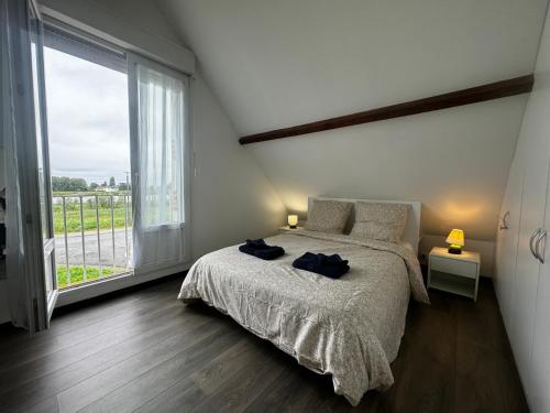 a bedroom with a bed and a large window at Maison de bord de Loire in Sully-sur-Loire