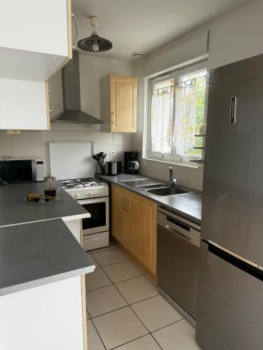 une cuisine avec un évier et une cuisinière dans l'établissement Maison de bord de Loire, à Sully-sur-Loire