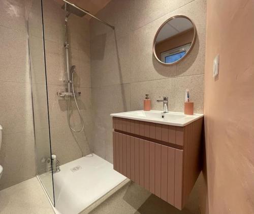 une salle de bain avec une douche, un lavabo et un miroir dans l'établissement T2 Cosy - Place des Cardeurs, à Aix-en-Provence