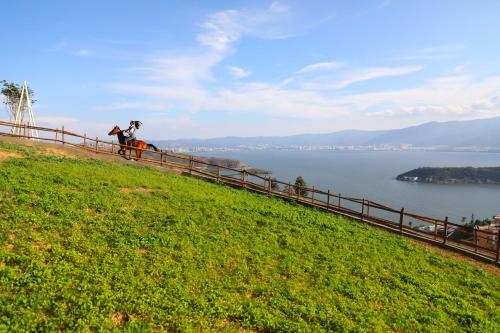 a person riding a horse on a hill next to the water at Dali Fish Inn Sea View Hotel in Dali