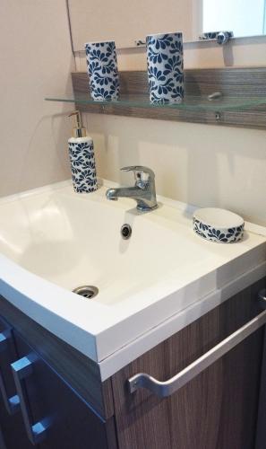 un lavabo de salle de bain avec de la vaisselle bleue et blanche dessus dans l'établissement Mobil Home vue sur le lac dans un camping 4 étoiles à Cadenet, à Cadenet
